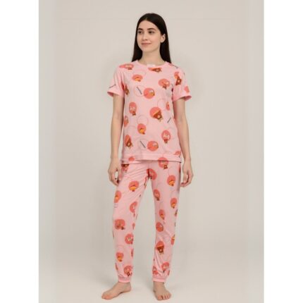 بيجامة ستاتية لون زهري اشكال ملون بنطلون وبلوزة نص كم One Size