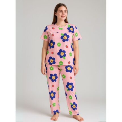 بيجامة ستاتية لون زهري اشكال ملون بنطلون وبلوزة نص كم One Size