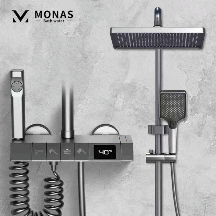 103391302_68da97ce7ed70 طقم دش ذكي بشاشة عرض رقمية متعدد الوظائف بزر بيانو مع خلاط ماء ساخن وبارد - الصورة 1