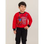 طقم قطعتين بلوزة وبنطلون ولادي لون أحمر وأسود