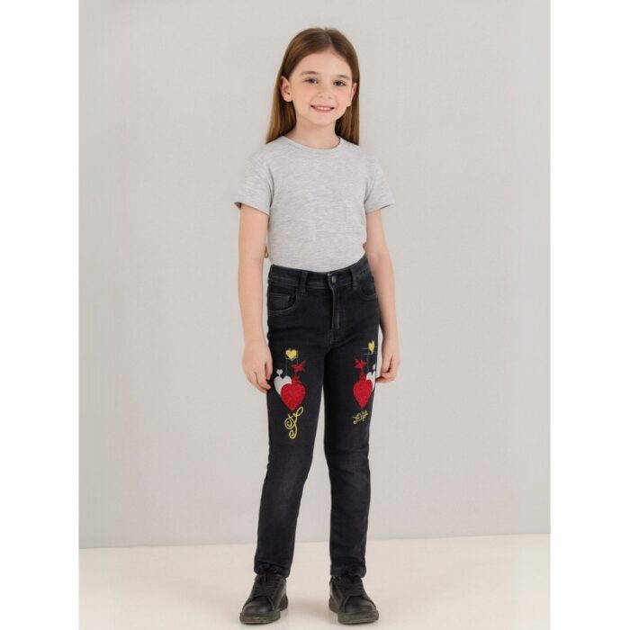 ⁦بنطلون جينز بناتي مزخرف لون أسود⁩ - الصورة ⁦2⁩