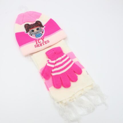 بكج LOL طاقية + كفوف + لفحة لون ابيض + فوشي