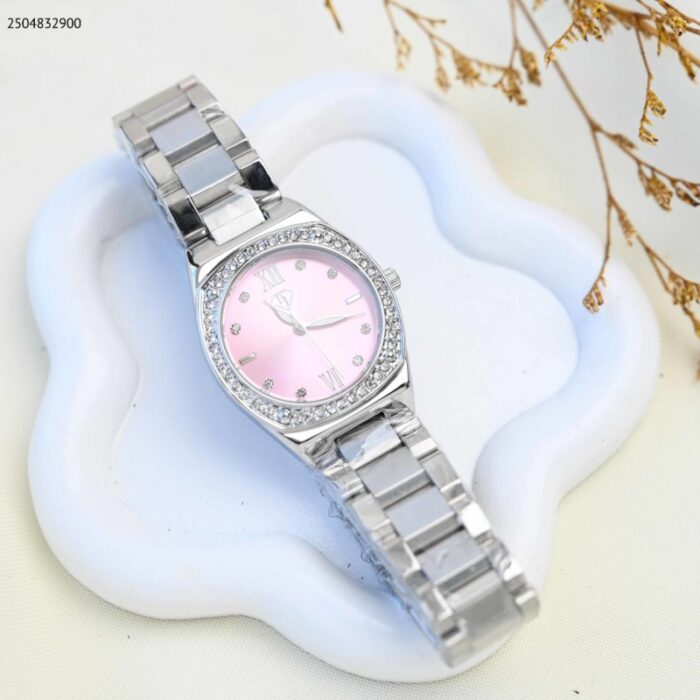 ⁦ساعة يد نسائية أنيقة لون فضي وزهري⁩ - الصورة ⁦1⁩