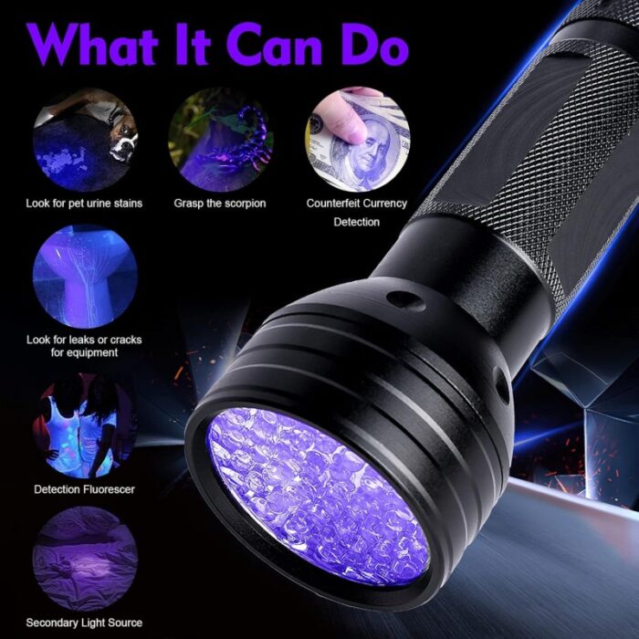 ⁦كشاف يدوي بالأشعة فوق البنفسجية (51 لمبة) يعمل بالبطارية، مثالي لفحص النقود والكشف عن البقع وآثار الحيوانات الأليفة غير المرئية.⁩ - الصورة ⁦6⁩