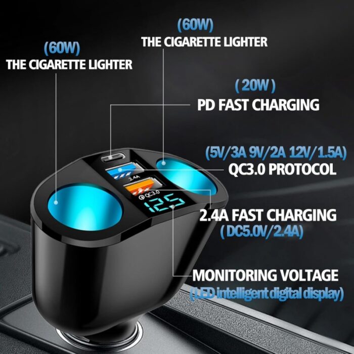 ⁦شاحن جوال مزدوج في السيارة - 2 منفذ USB و منفذ Type C مع شاشة عرض LCD - يدعم QC3.0 و2.4A لشحن أسرع وأكثر أماناً.⁩ - الصورة ⁦3⁩