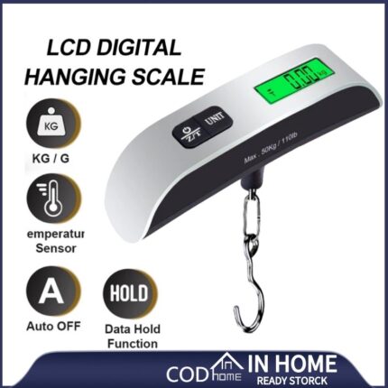 ميزان الكتروني رقمي محمول بشاشة LCD، يتحمل حتى 50 كجم، لقياس وزن الاغراض بدقة أثناء السفر بسهولة.