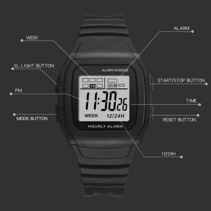 ⁦ساعة SYNOKE الرقمية للرجال، مقاومة لرذاذ الماء، بإضاءة LED، حزام سليكون لون أسود⁩ - الصورة ⁦4⁩