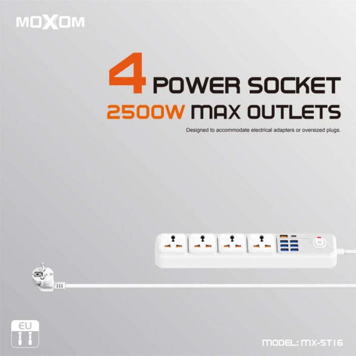 ⁦MOXOM MX-ST16 موزّع كهرباء 4 مخارج مع شحن سريع PD20W / QC18W⁩ - الصورة ⁦3⁩