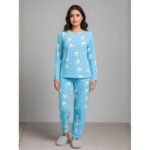 بيجامة فرو للصبايا برسوم رأس أرنب لون أزرق سماوي