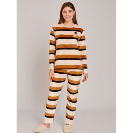 بيجامة فرو للصبايا مخطط لون بيج وأسود وكرميدي