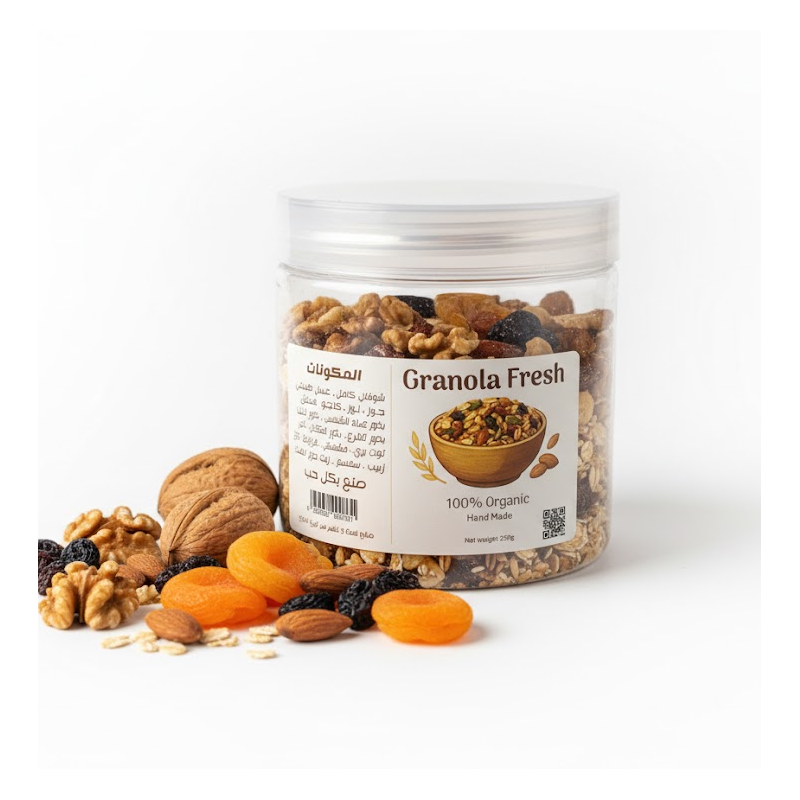⁦جرانولا فريش – شوفان كامل مع مكسرات وفواكه مجففة وبذور مع عسل، وجبة إفطار صحية مشبعة تمنح طاقة متواصلة للرياضيين والطلاب والموظفين، وبديل لأطفال المدارس (250غ)⁩ - الصورة ⁦1⁩