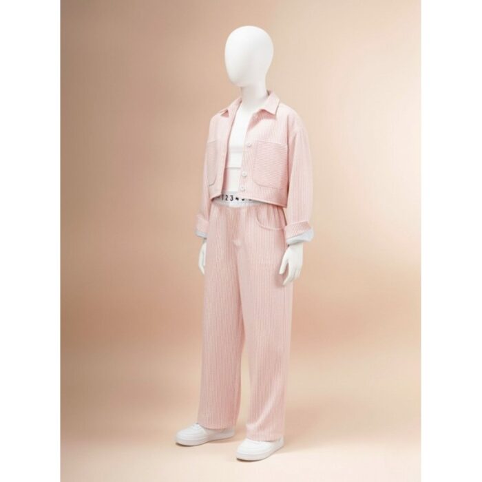 ⁦طقم قميص بناتي +بنطلون مخطط لون زهري⁩ - الصورة ⁦2⁩