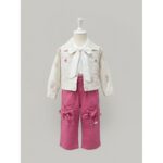 ⁦طقم بناتي جاكيت وبنطلون لون بيج وفوشي⁩ - الصورة ⁦2⁩