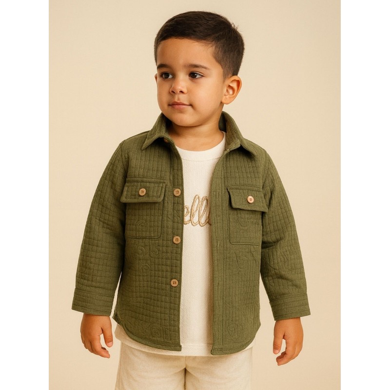 ⁦جاكيت ولادي بأزرار وأكمام طويلة للأطفال لون زيتي⁩ - الصورة ⁦1⁩