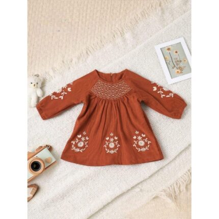 فستان بناتي بأكمام طويلة لون برتقالي