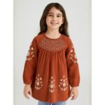 ⁦فستان بناتي بأكمام طويلة لون برتقالي⁩ - الصورة ⁦2⁩