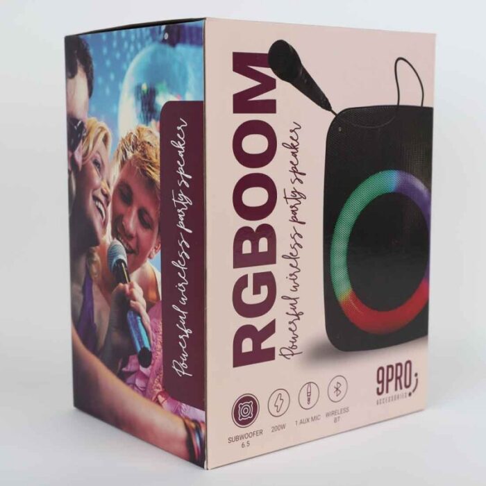 ⁦سبيكر كاريوكي لاسلكي 9PRO RGBOOM قابل لإعادة الشحن مزود بميكروفون سلكي مع اضاءة LED ملونة⁩ - الصورة ⁦4⁩
