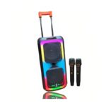 سبيكر مكبر صوت Trolley Bass 9Pro حجم 12انش مزود ب 2 ميكروفون لاسلكي مع ريموت وإضاءة LED ومقبض مع عجلات