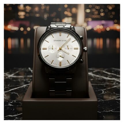 ساعة يد فاخرة للرجال مع حزام ستانلس لون أسود وارضية لون بيضاء ماركة EPHATAH ESTAR