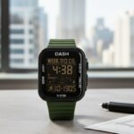 ساعة يد رقمية بشاشة مستطيلة للرجال مع إضاءة LED حزام لون أخضر