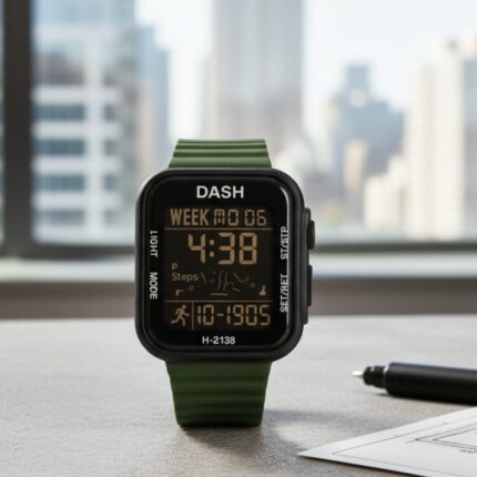 ساعة يد رقمية بشاشة مستطيلة للرجال مع إضاءة LED حزام لون أخضر