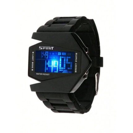 ساعة يد رقمية رياضية للرجال مع إضاءة LED حزام سيليكون لون أسود