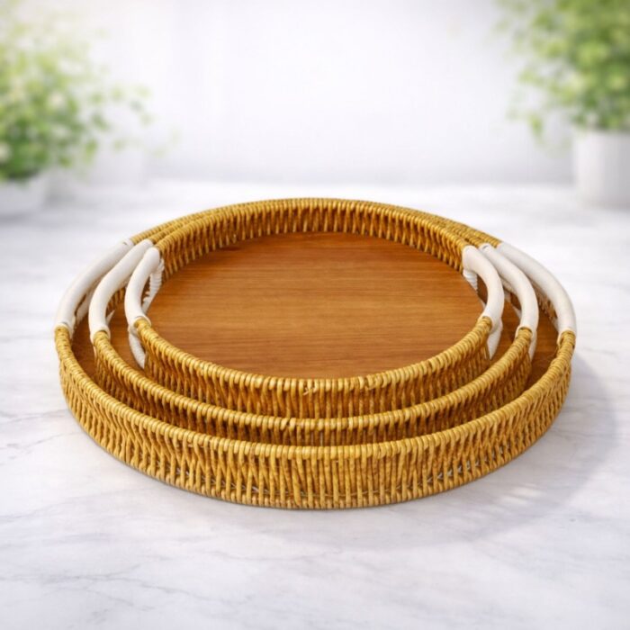 ⁦طقم صواني قش دائرية عدد 3 لون بيج⁩ - الصورة ⁦4⁩