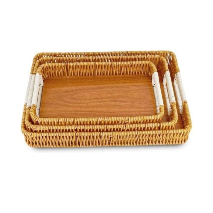 ⁦طقم صواني قش مستطيلة عدد 3 لون بيج⁩ - الصورة ⁦2⁩