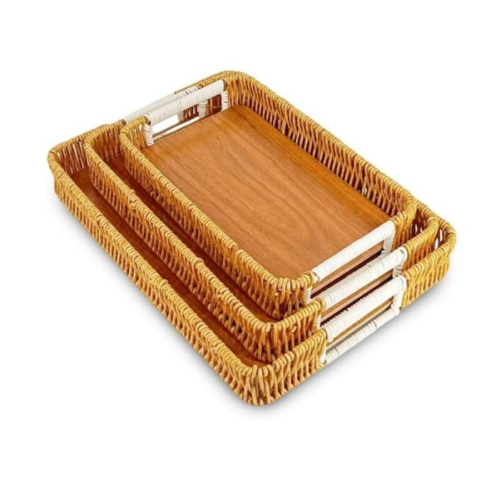 ⁦طقم صواني قش مستطيلة عدد 3 لون بيج⁩ - الصورة ⁦3⁩