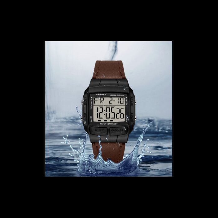 ⁦ساعة رقمية مربعة جلد لون بني⁩ - الصورة ⁦2⁩
