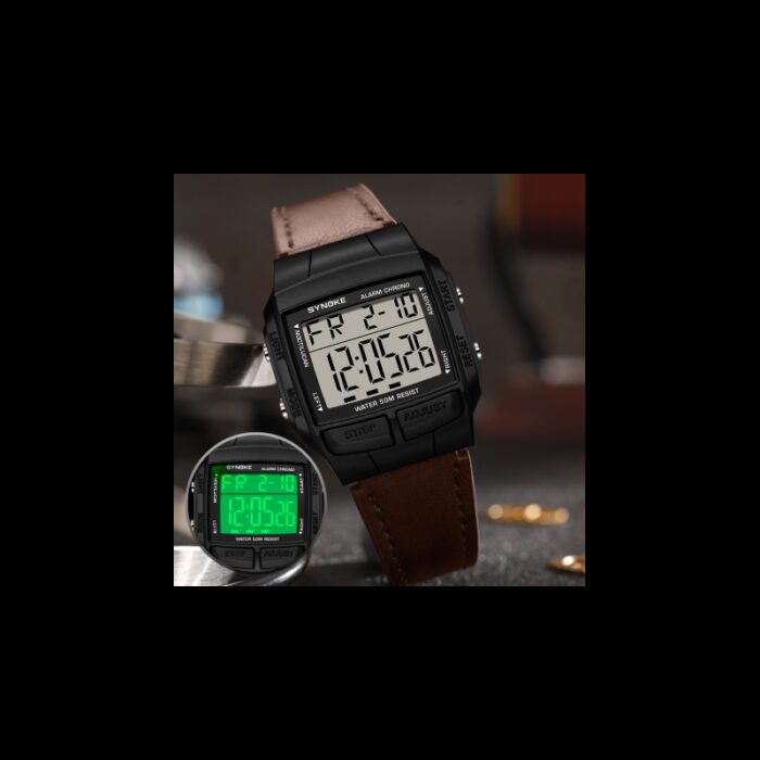 ⁦ساعة رقمية مربعة جلد لون بني⁩ - الصورة ⁦3⁩