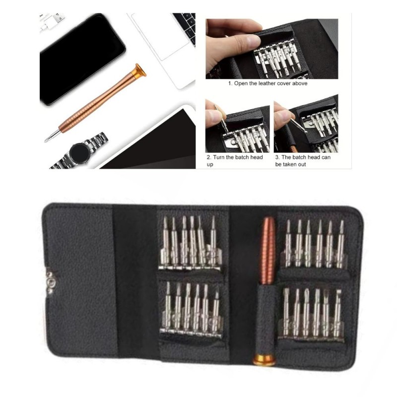 ⁦مفك مع 20 رأس في علبة جلد صيانة هواتف⁩ - الصورة ⁦1⁩