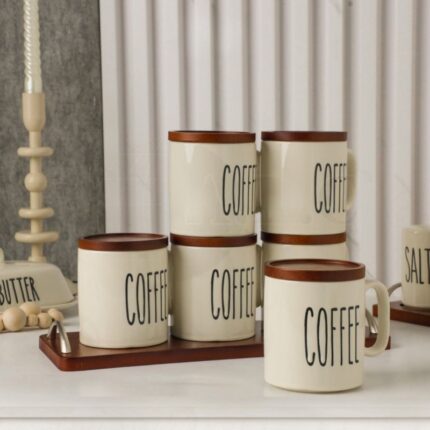 طقم 6 مجات+ 6كوسترات لون ابيض + صينية