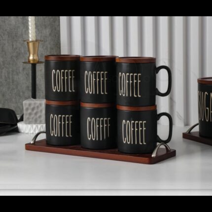 طقم 6 مجات+ 6كوسترات لون اسود + صينية