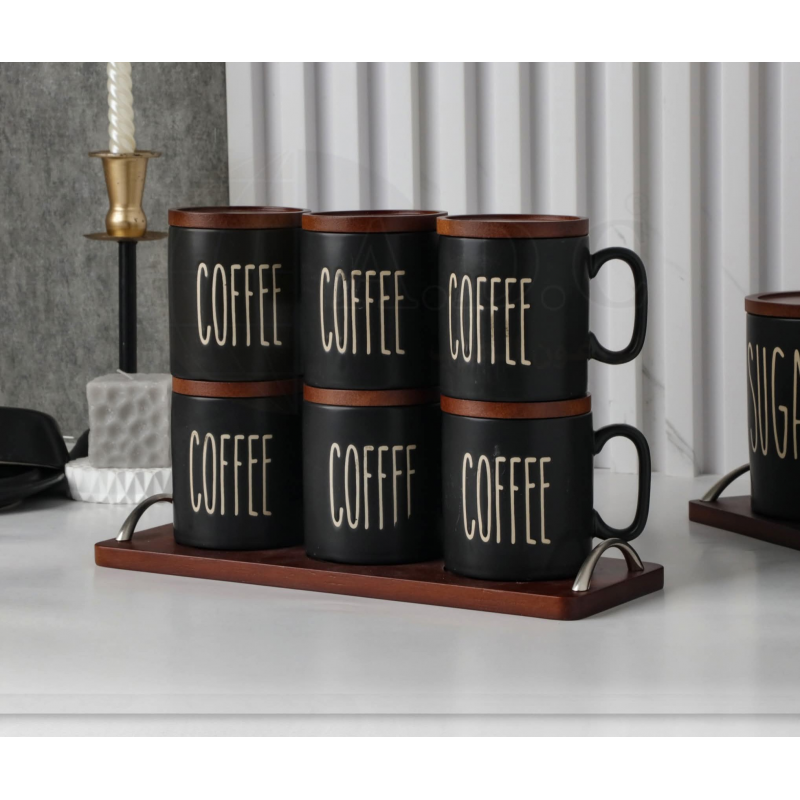 ⁦طقم 6 مجات+ 6كوسترات لون اسود + صينية⁩ - الصورة ⁦1⁩