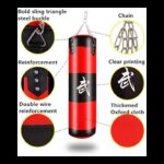 كيس ملاكمة احترافي (Punching Bag) باللونين الأحمر والأسود، مزوّد بخطافات تعليق معدنية من الأعلى ومطبوع عليه حرف صيني 120 سم فارغ
