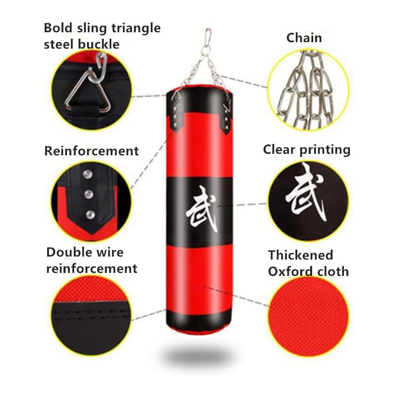 ⁦كيس ملاكمة احترافي (Punching Bag) باللونين الأحمر والأسود، مزوّد بخطافات تعليق معدنية من الأعلى ومطبوع عليه حرف صيني 120 سم فارغ⁩ - الصورة ⁦1⁩
