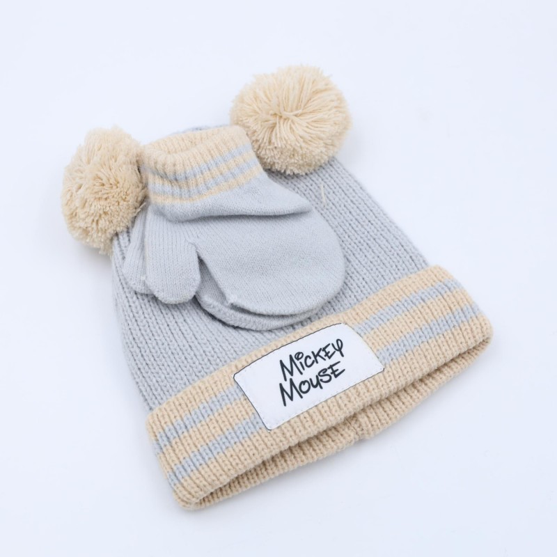 ⁦طاقية للأطفال مع كفوف لون سكني وبيج⁩ - الصورة ⁦1⁩