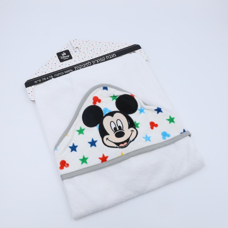 ⁦منشفة استحمام للأطفال مع غطاء رأس – ديزني ميكي ماوس (نجوم) – لون أبيض⁩ - الصورة ⁦1⁩