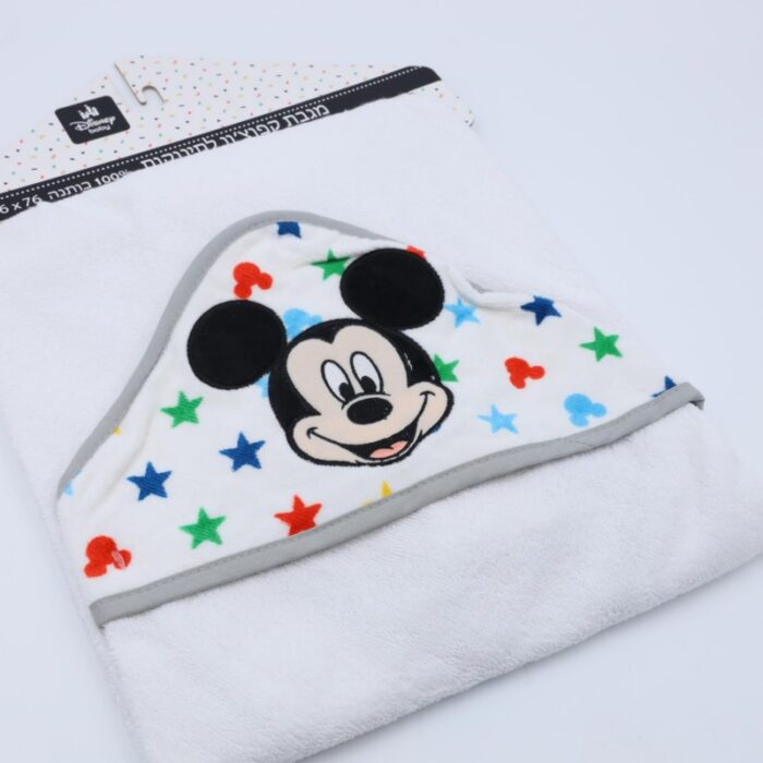 ⁦منشفة استحمام للأطفال مع غطاء رأس – ديزني ميكي ماوس (نجوم) – لون أبيض⁩ - الصورة ⁦2⁩