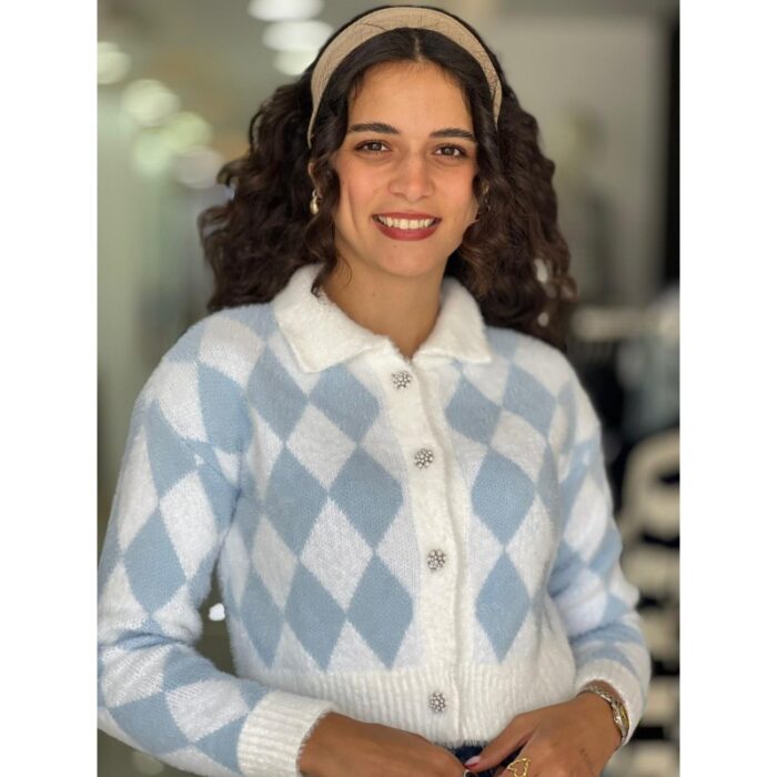 ⁦جرزة ستاتي شتوي لون ابيض نقشة أزرق فاتح Happiness İstanbul⁩ - الصورة ⁦2⁩