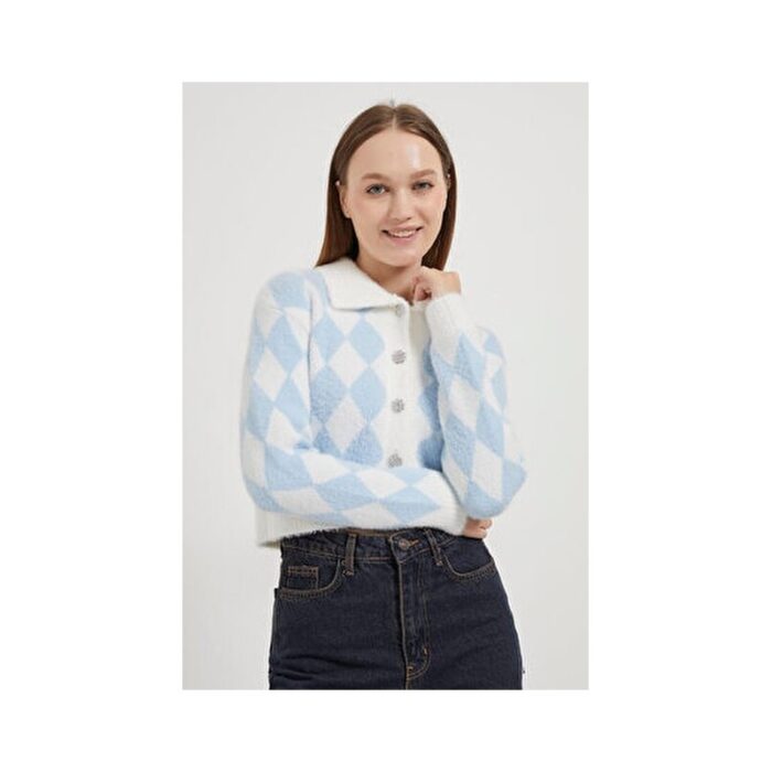 ⁦جرزة ستاتي شتوي لون ابيض نقشة أزرق فاتح Happiness İstanbul⁩ - الصورة ⁦3⁩