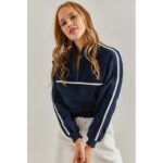 بلوزة ستاتية كم لون كحلي مخطط أبيض Bianco Lucci