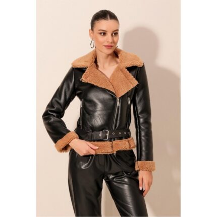 جاكيت ستاتي شتوي جلد لون اسود بطانة فرو لون بني