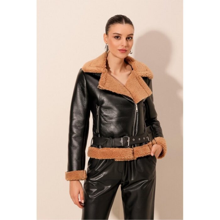 ⁦جاكيت ستاتي شتوي جلد لون اسود بطانة فرو لون بني⁩ - الصورة ⁦2⁩