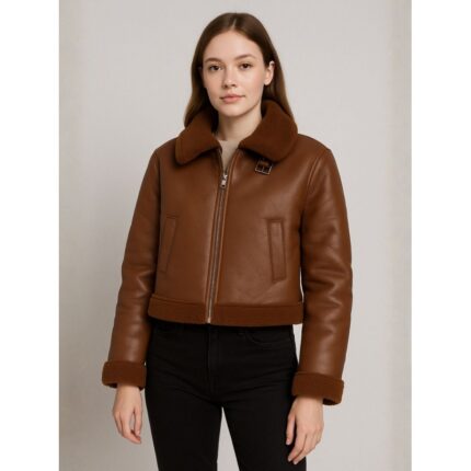 جاكيت ستاتي شتوي جلد لون بني بطانة داخليه فرو لون بني