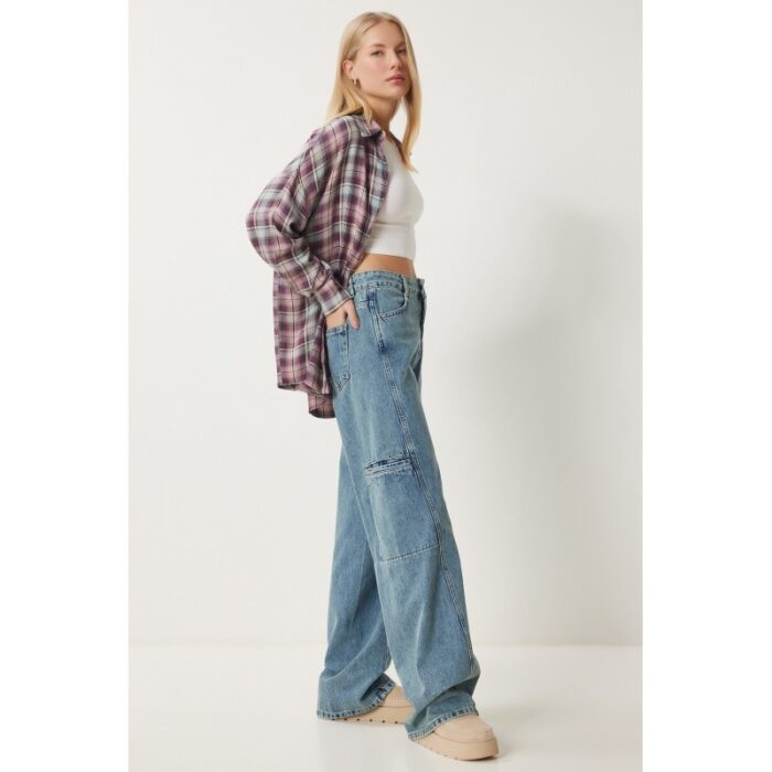 ⁦جينز نسائي كارجو واسع الساق بلون أزرق – Happiness İstanbul⁩ - الصورة ⁦4⁩