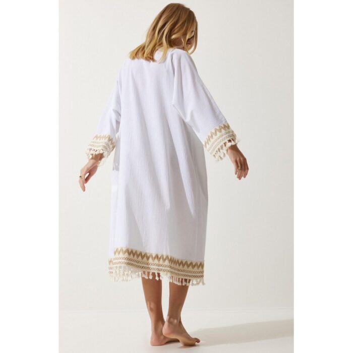 ⁦جاكيت ستاتي طويل لون أبيض نقشة بيج⁩ - الصورة ⁦3⁩