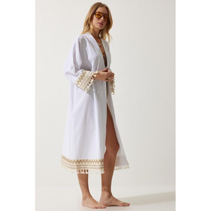 ⁦جاكيت ستاتي طويل لون أبيض نقشة بيج⁩ - الصورة ⁦4⁩