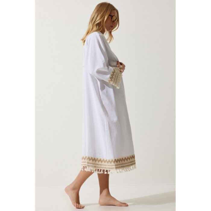 ⁦جاكيت ستاتي طويل لون أبيض نقشة بيج⁩ - الصورة ⁦5⁩